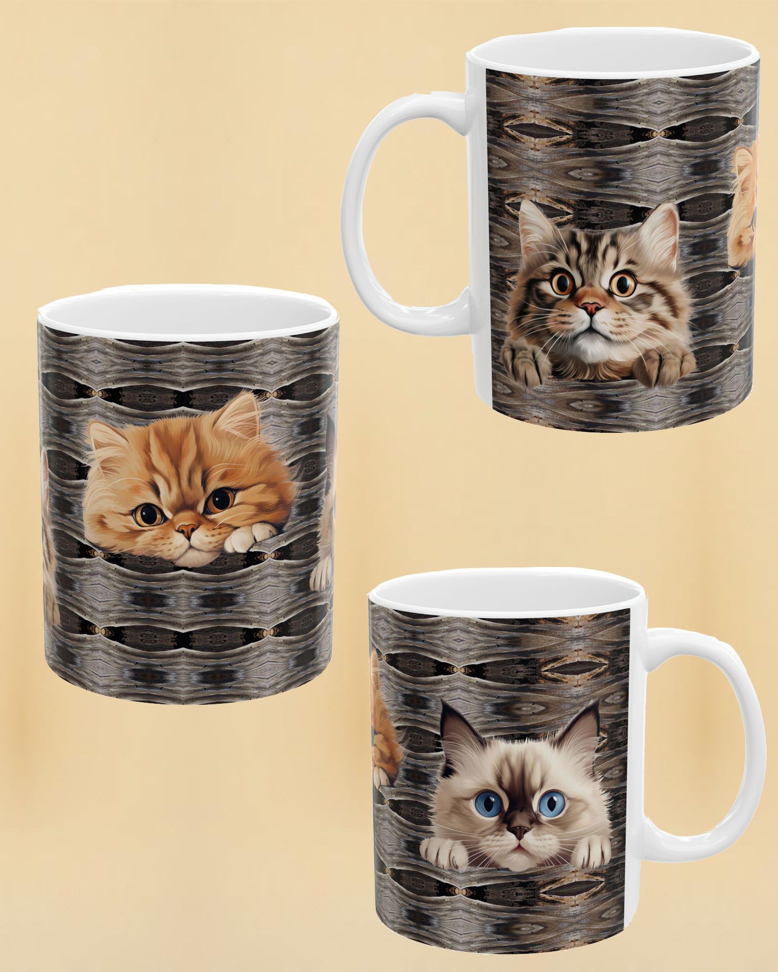 Cat Lady Present, Kitty Faces, Abstract Cat Lover 11 oz Ceramic Coffee cup, Kitten Owner Gift, Crazy Kitty Tea Mug, Cat Dad Kitchen Art