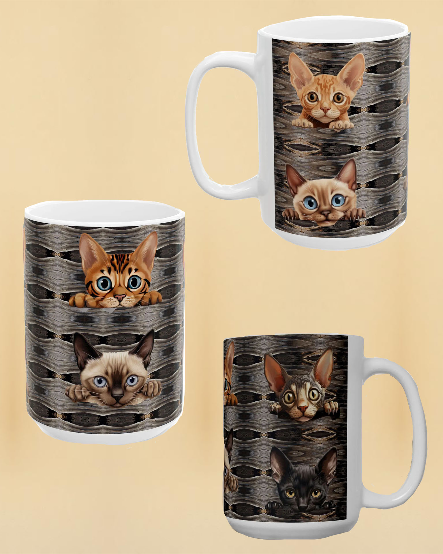 Cat Lover Gift, 6 Adorable Big Ear Kitty Faces on 15 oz Ceramic Coffee Mug, Crazy Kitty Tea Cup, Kitchen Art
