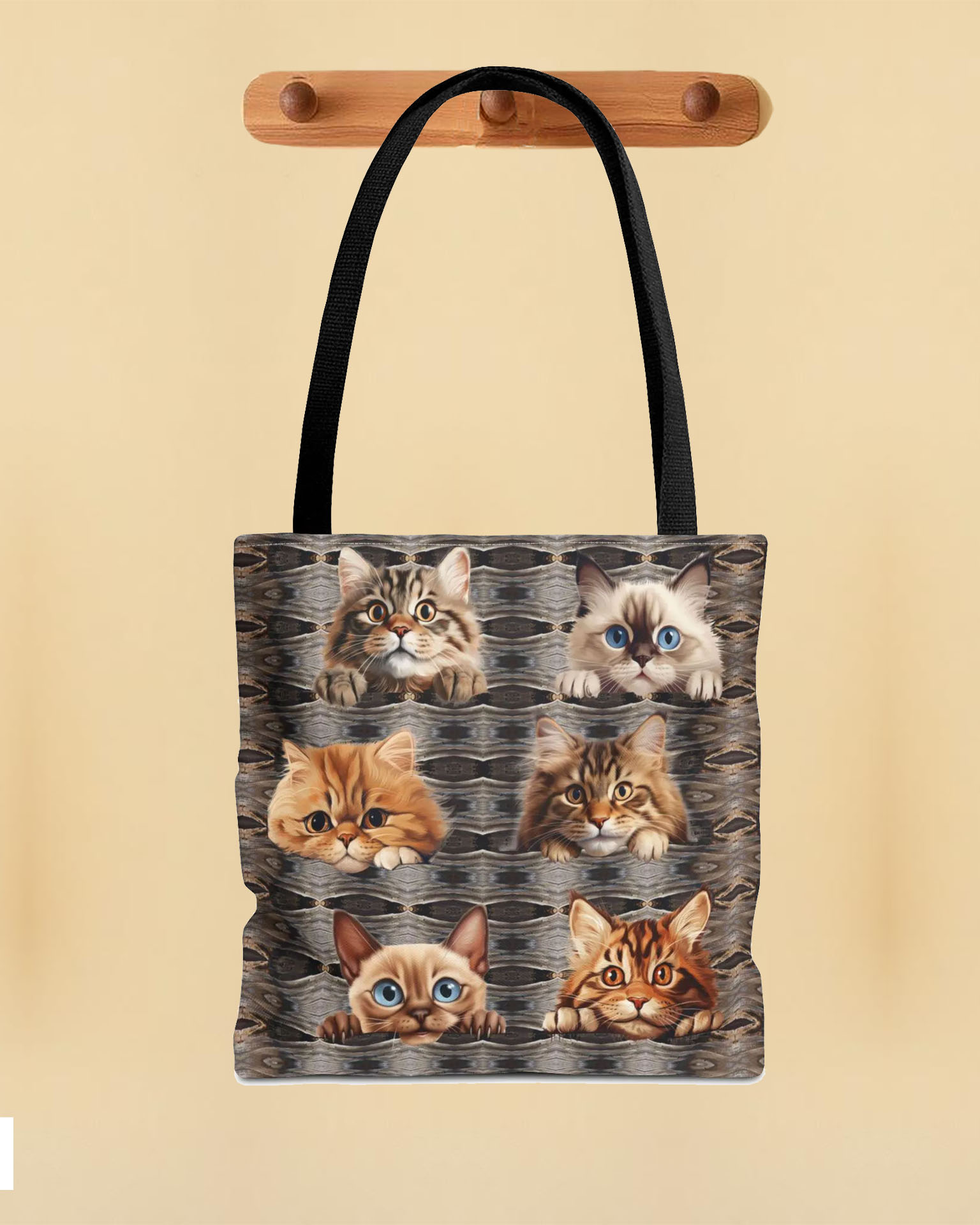 Crazy Cat Lady Gift, Kitty Lover Shoulder Tote, Unique Feline Print 6 cute Cats Reusable Bag